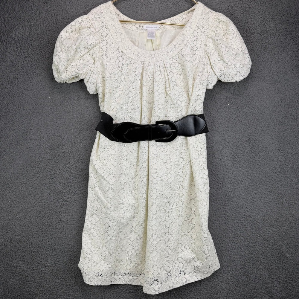 Worthington Womens Ivory Lace Puff Sleeve Belted Mini Dress Size 12 Silver Fleck